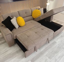 Sectional Couch with Sleeping Chaise & Storage – Taupe Gray Fabric 