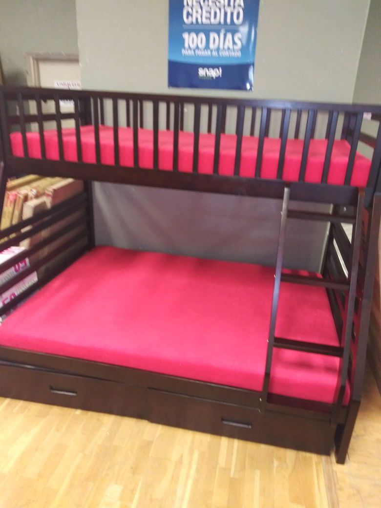 Twin over full bunk bed with drawers and memory foam mattresses included