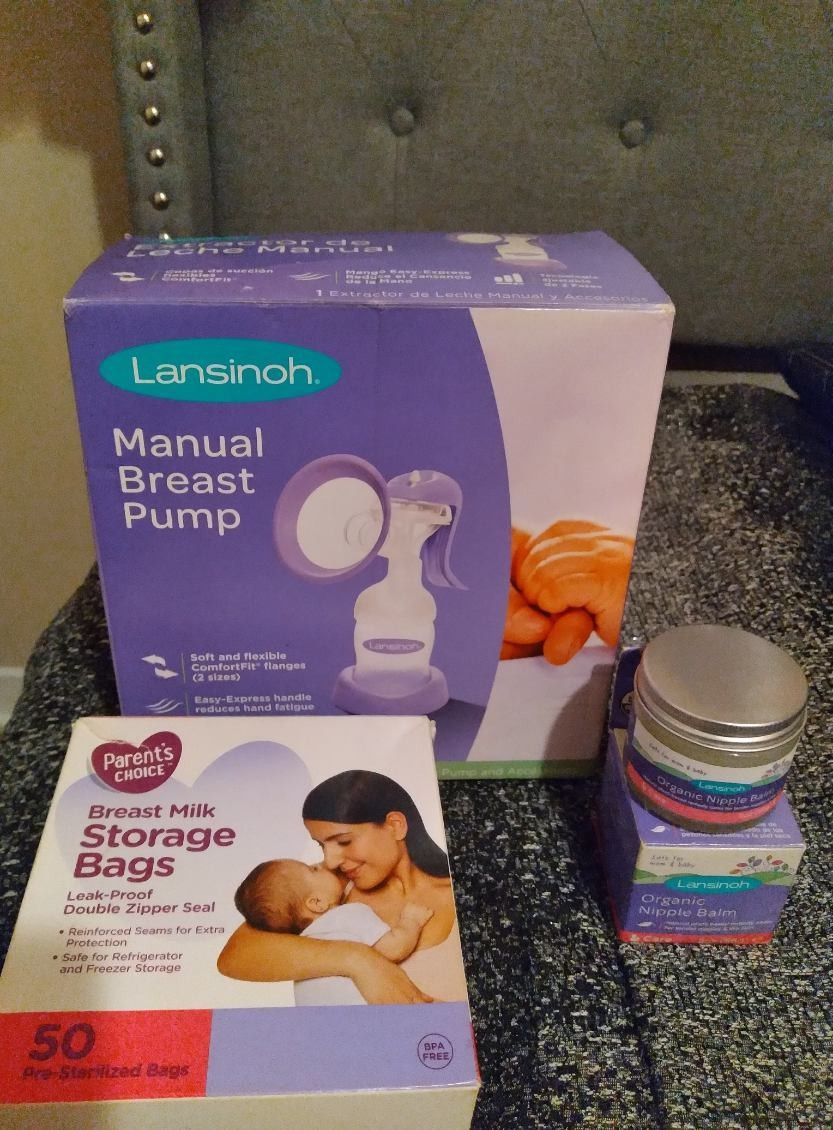 Manual Breast Pump w/ Milk Storage Bags & Nipple Cream
