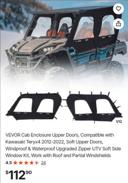 VEVOR Cab Enclosure Upper Doors, Compatible with Kawasaki Teryx4 2012-2022, Soft Upper Doors, Windproof & Waterproof Upgraded Zipper UTV Soft Side Win