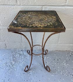 Vintage Wrought Iron Side Table with Decorative Tile Top