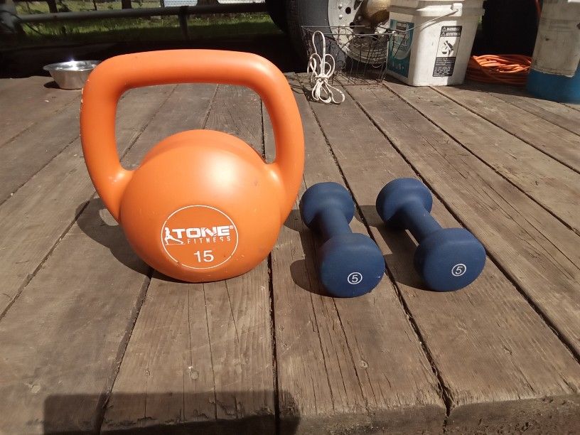 Sturdy Tone Fitness 15Lb Kettlebell Weight And 5Lb Dumbells, Great Condition. $10.00.
