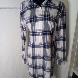 NEW J Crew Mercantile Women's Tie-waist Navy Blue Plaid Flannel Shirt dress XS