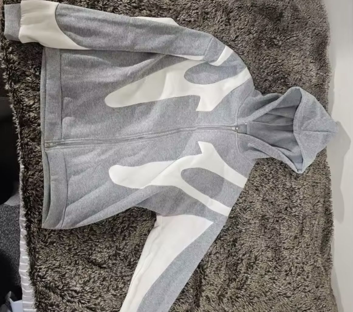 Grey and white zip up hoodie #hoodie