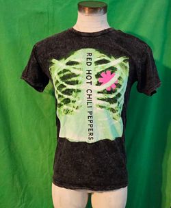 Red Hot Chili Peppers Acid Wash Graphic T-Shirt Grey Neon Green Ribs M
