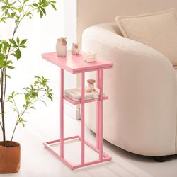 Yoobure C Shaped End Table, Side Table for Couch and Bed, Small Side Table for Small Spaces, Living Room, Bedroom, Rustic Snack Table, Pink 