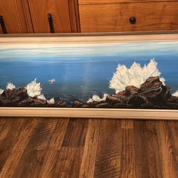 Framed Original Oil Canvas Painting Seaside Landscape Waves Crashing Coastal Beach