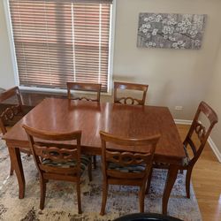 Wood Dining Table w/ Leaf + 6 Chairs (Reupholstered Set)