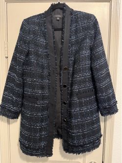 Ann Taylor Tweed Jacket Blazer Blue Black Fringe Button Front Long Sleeve Sz 8