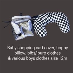 Baby Boy Gear - Boppy Pillow, Cart Cover, Bibs & Size 12M Clothes