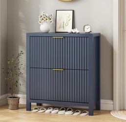 32" Fluted Shoe Cabinet Storage with 2 Flip Drawers for Entryway, Hallway, Blue