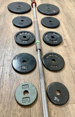 7 ft Standard Steel VINTAGE Bar With  Cast Iron Weight Plates:25s, 10s, 7.5s, 5s & 2.5 lbs (Total: 125 lbs)