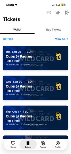September 29 30 October 1 San Diego padres playoff tickets vs Chicago cubs buy one or buy more various spots and pricing, will beat Stubhub and all ot