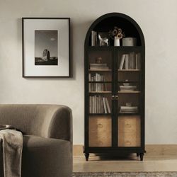 New 71'' Tall Arched Pantry Storage Cabinet with 2 Large Drawers & 3 Shelves, Display Cabinet with Glass Door for Kitchen Dining Room Living Room, Bla