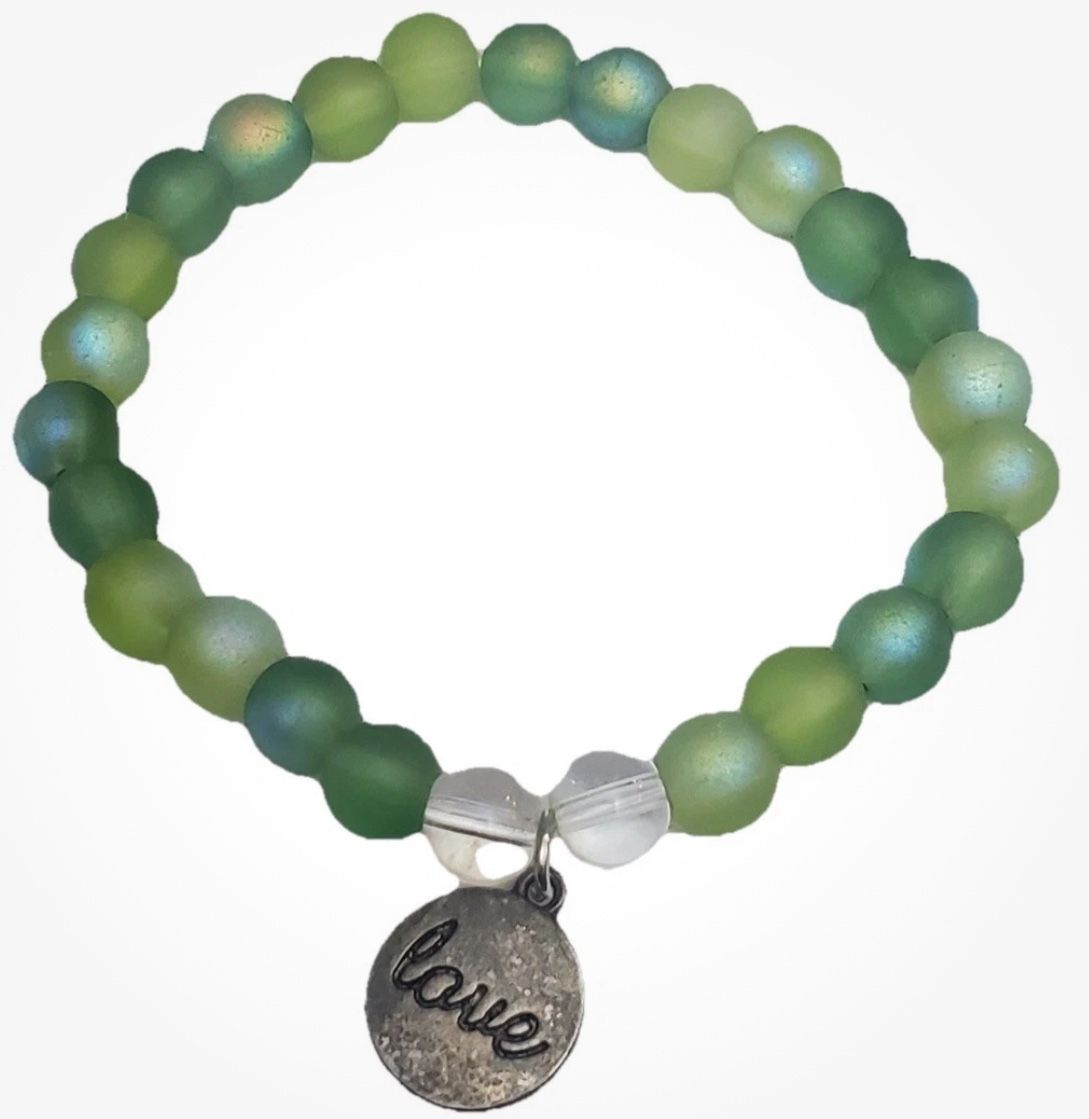 8mm Beaded Stretch Bracelet Various Green Colors 7.5” With Love Charm