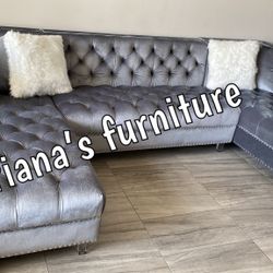 New Large Grey Velvet Sectional Double Chaise