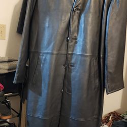 Round Tree and York full length black leather trench coat