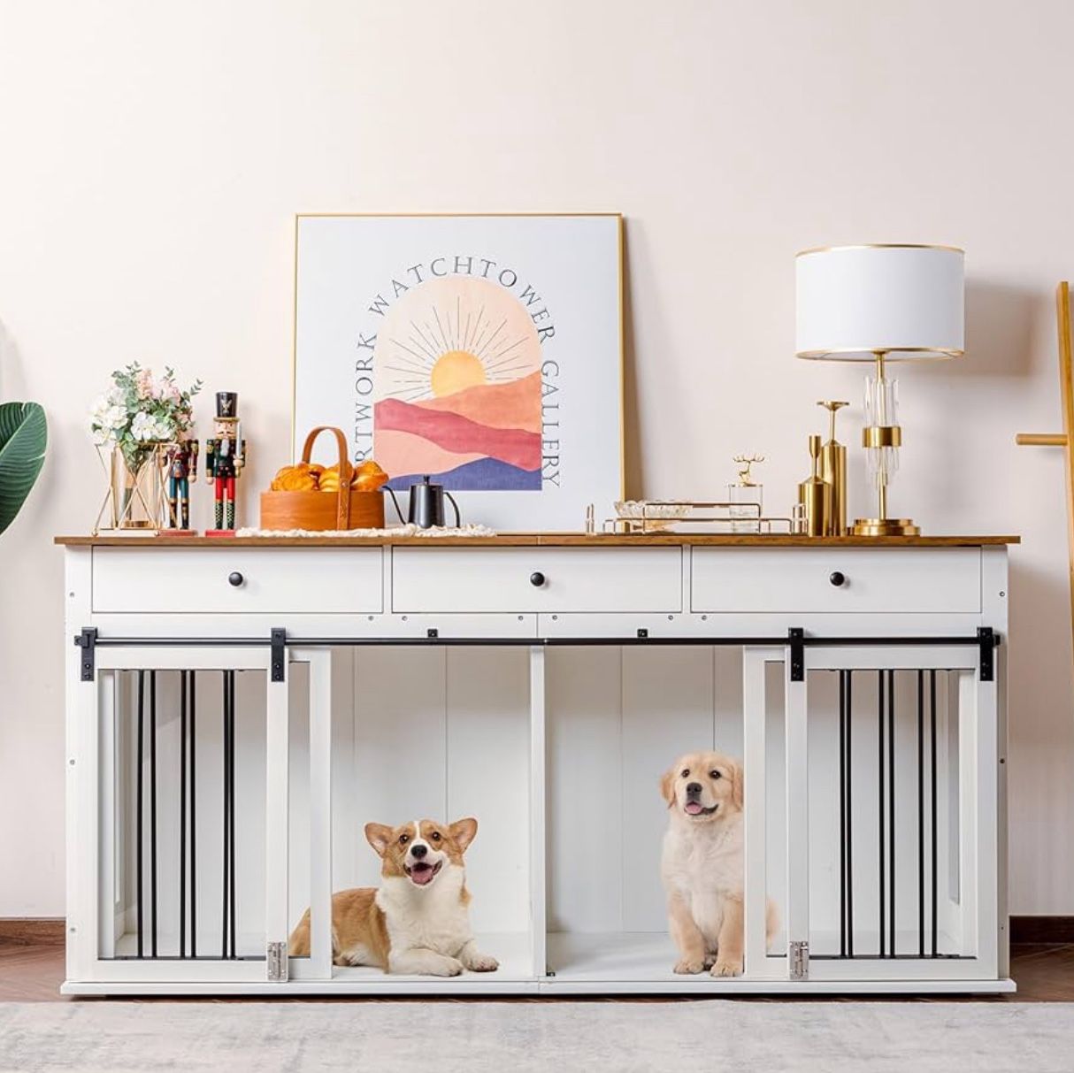 Scurrty 72'' Dog Crate Furniture, Wooden Dog Kennel Furniture with 3 Drawers, XXL Heavy Duty Dog Crate Indoor TV Stand with Double Doors for Large Med