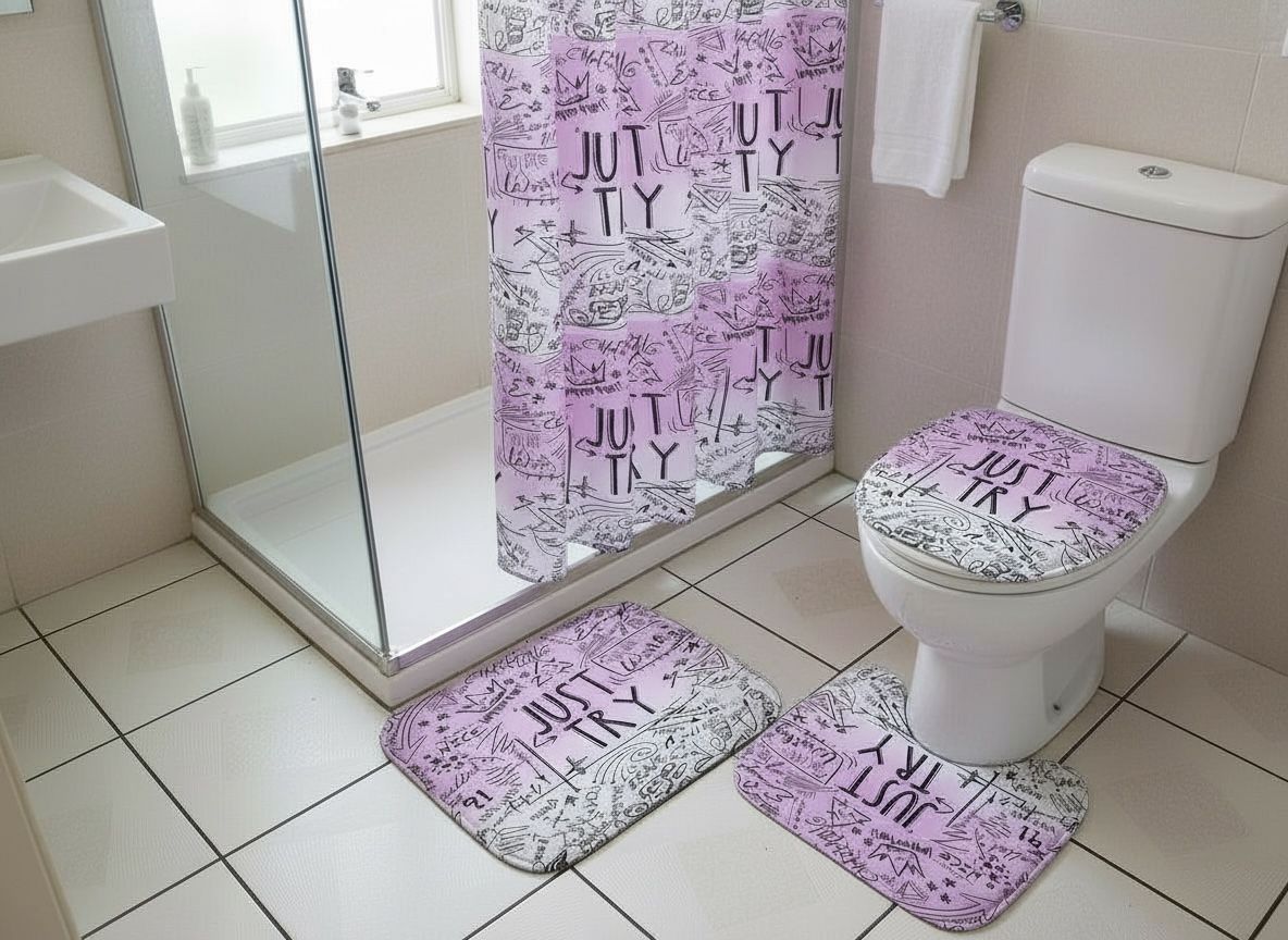 Cute Pink (Just Try ) Bathroom Shower Curtain , Carpet Toilet Cover Lid Set 