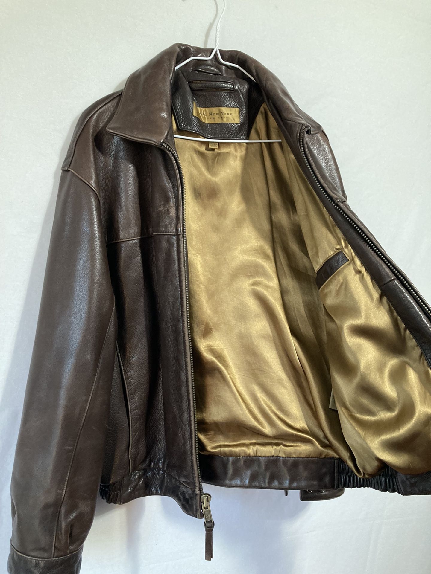 Vintage ANDREW MARC New York Gold Brown Bomber Leather Zip Heavy Jacket MEDIUM