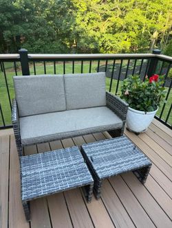 Outdoor Wicker Loveseat Set with Ottoman Tables – Excellent Condition