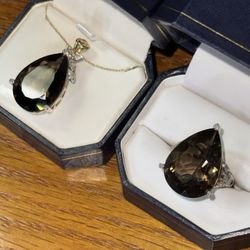 10k Necklace Pendant & Ring w/ Diamonds & 2 20cttw Smoky Quartz
