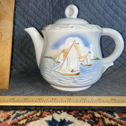 Vintage Porcelier Vitreous China Teapot Sail Boat NAUTICAL Design