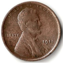 1911 1¢ LINCOLN WHEAT CENT COIN, EARLY PENNY PHILADELPHIA, WHEAT LINES