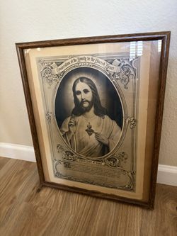 Vintage religious print features a black and white illustration of the Sacred Heart of Jesus. Consecration