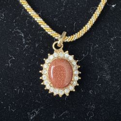 Vintage Red Goldstone Jewelry Set - Glimmering Necklace & Earrings