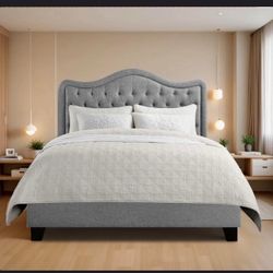 Upholstered QUEEN  Bed Frame - Luxurious Headboard, Elegant Platform Design, gray B-26