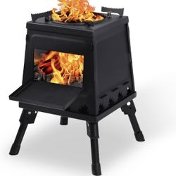 Camping Wood Stove, Portable Wood Burning Camp Stove with 4 Pack Leg Extenders, Black Woodstove with Carrying Case for Backpacking Outdoor Cooking (Sm