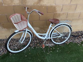 Women's Cruiser Bicycle White with Basket and Rear Rack