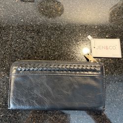 JEN & CO Gia Braided Detail Zip-Top Wallet 8x4.25” Multi-Compartment Black