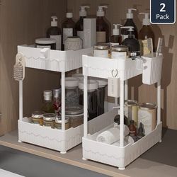 Sevenblue 2 Pack Under Sink Organizer, Under Bathroom Cabinet Organizer with Hooks Hanging Cup, Multi-Purpose Storage Shelf for Kitchen Bathroom (Whit