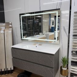 48” Cement Gray Floating Bathroom Vanity With LED Light Drawers