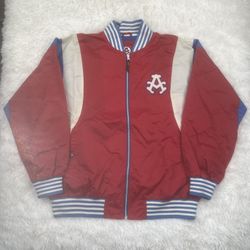 Y2k Akademiks Stadium Varsity Nylon Jacket Size XL Red / White / Blue Spellout