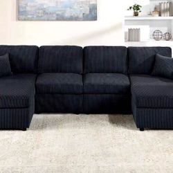 On Sale! U Shape Sectional Sofa Black Corduroy Brand New