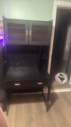 LED desk with cabinets and shelves