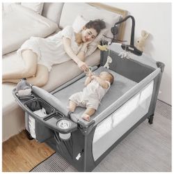 5-in-1 Pack and Play, Baby Bassinet Bedside Sleeper with U-Shaped Diaper Changer, Portable Toddler Playard for Newborn to Toddlers, Baby Crib with 4 A