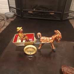 Vintage Marx Tin Wind Up Working Donkey Pulling Guy In Wagon ! 