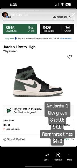 Nike Air Jordan 1 Size 9.5 Clay Green