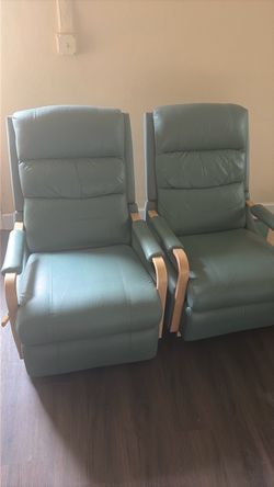 Pair of Teal Leather Recliner Armchairs