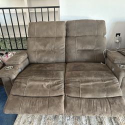 Brown Suede Electric Reclining Couch Set 