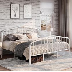 King Size Metal Platform Bed Frame Victorian Style, White S-61