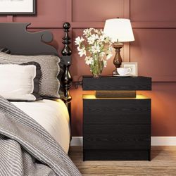 LIKIMIO Night Stand with Charging Station, Modern Black Nightstand with LED Light and Drawers