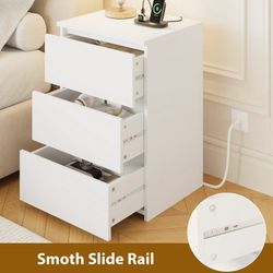 3 Drawers Nightstand with Charging Station, Modern End Side Table, Wooden Storage Cabinet for Bedroom Living Room, White  Nightstand with C