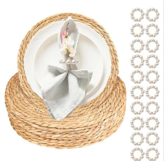 New 20 Pcs 12 Inch Round Woven Placemats with 20pcs Pearl Napkin Rings