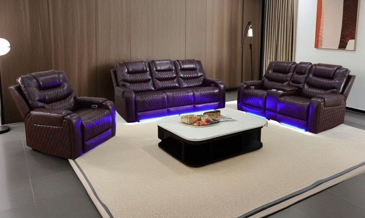 Brown Leather Power Electric Recliner Set
