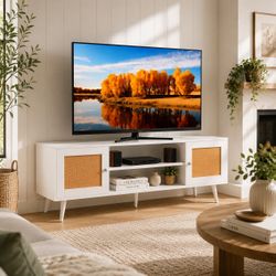 65-in Boho Rattan TV Stand for TVs Up to 75-in 150-lb Capacity Entertainment Center with Built-In Power Strip 2 Storage Cabinets and Adjustable Shelf 
